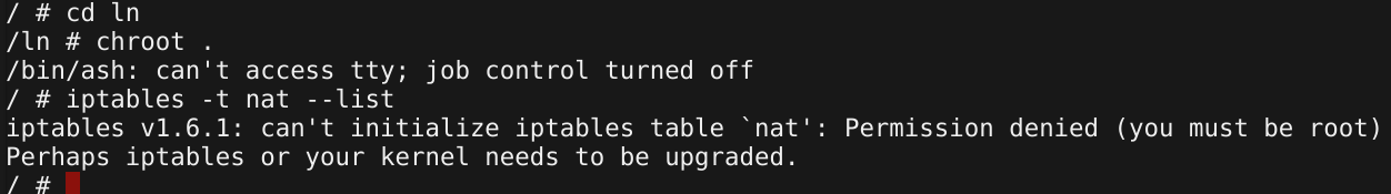 Output from iptables command on unprivileged container